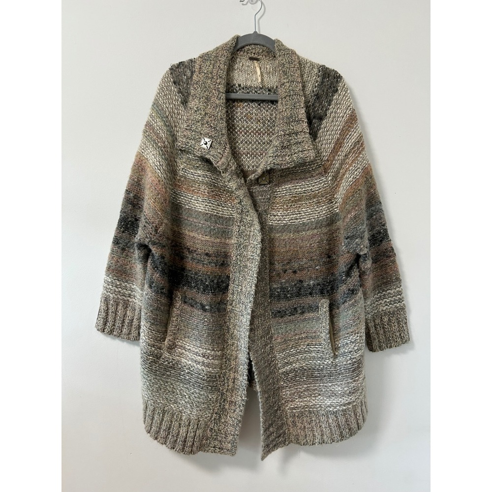 Free People Starlight Shadow Poncho Striped Cardigan Sweater Med Brown Boho Knit